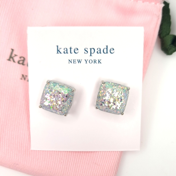 Kate Spade Opal Glitter Small Square Stud Earrings NWT Gold Post Crystal